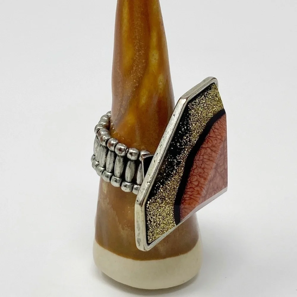 Large Coral + Gold shimmer stone ring